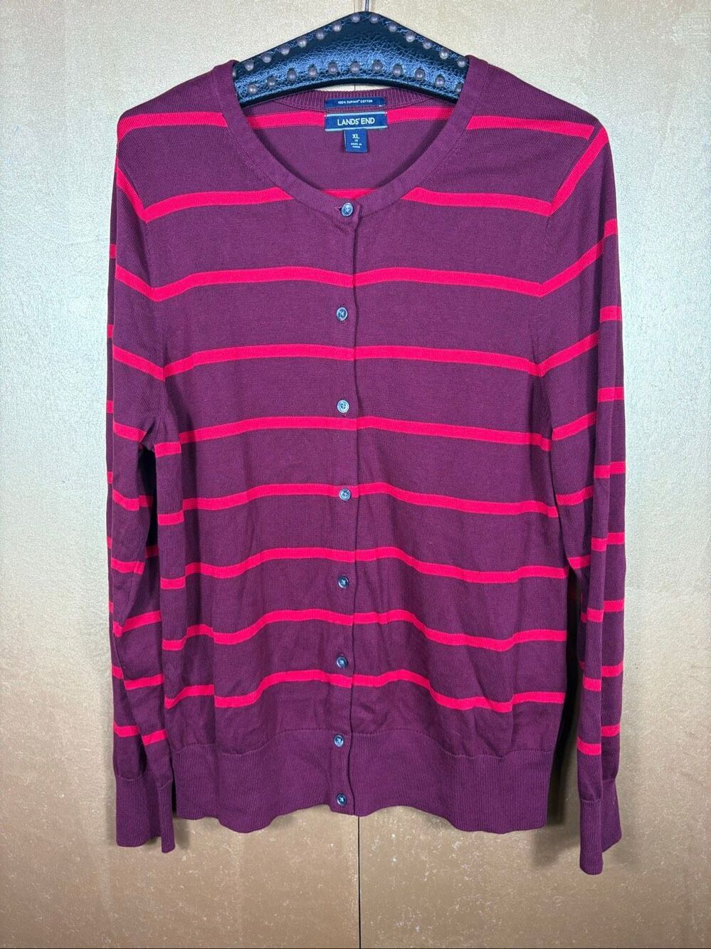 Lands End merino wool striped cardigan sweater size XL